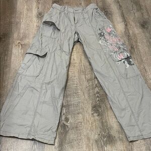 Wild Fable Light Gray Cargo Pants with Pink Floral Design
